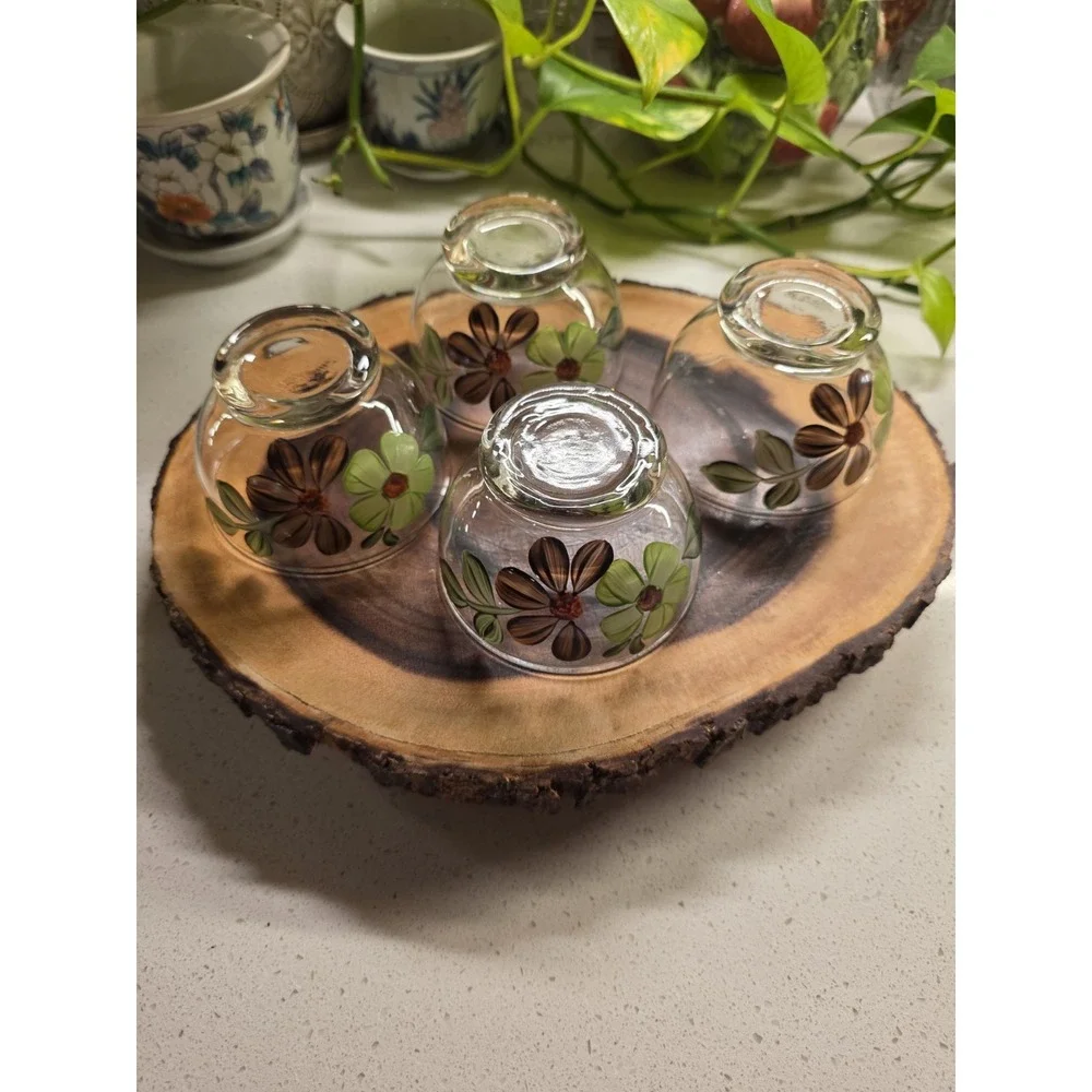4 VTG BLUE‎ RIDGE POTTERY DAISY SHERBET BOWLS SUN BOUQUET GLASS Green Floral